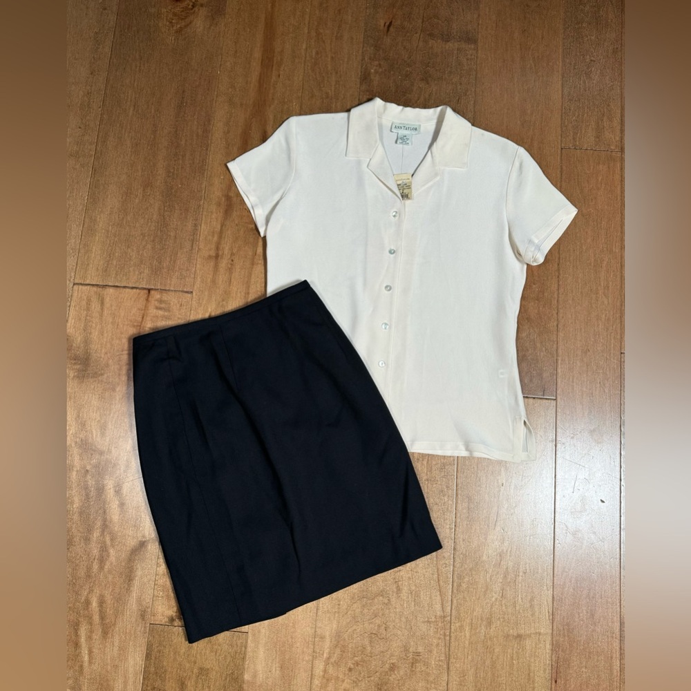 Ann‎ Taylor 2 Piece Set 100% Silk Blouse 100% Wool Pencil Skirt Women’s 2P/2 NWT